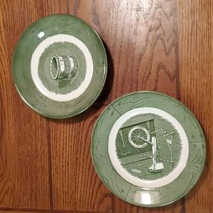 Vintage Spinning Wheel and Oak Barrel Green and White Royal USA Plates